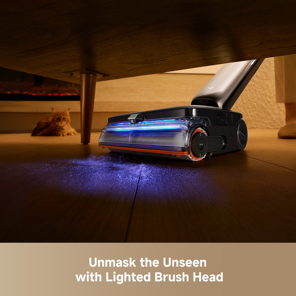 Wet/dry vacuum with illuminated brush head, blue light floor cleaning tool