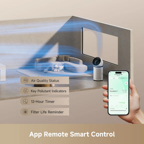 White air purifier with dark top and smartphone app remote control shown in scene.
