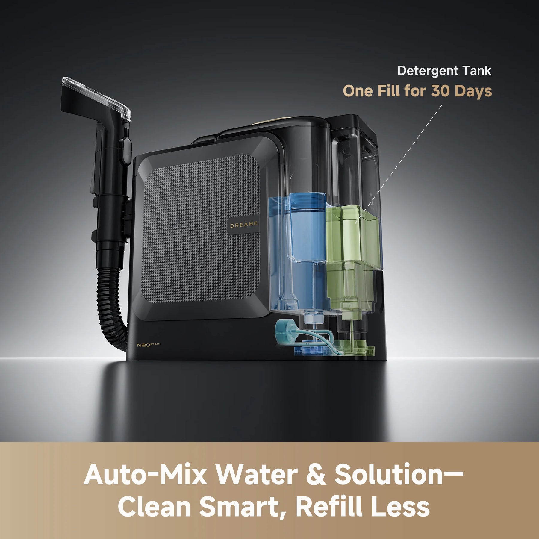 Steam spot cleaner base with open detergent tank and clear solution compartments