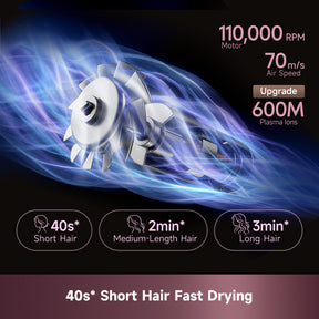 Hair dryer airflow graphic with turbine nozzle and blue motion waves