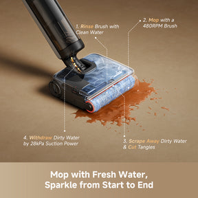 Steam wet dry vacuum mopping head spreading water across the floor