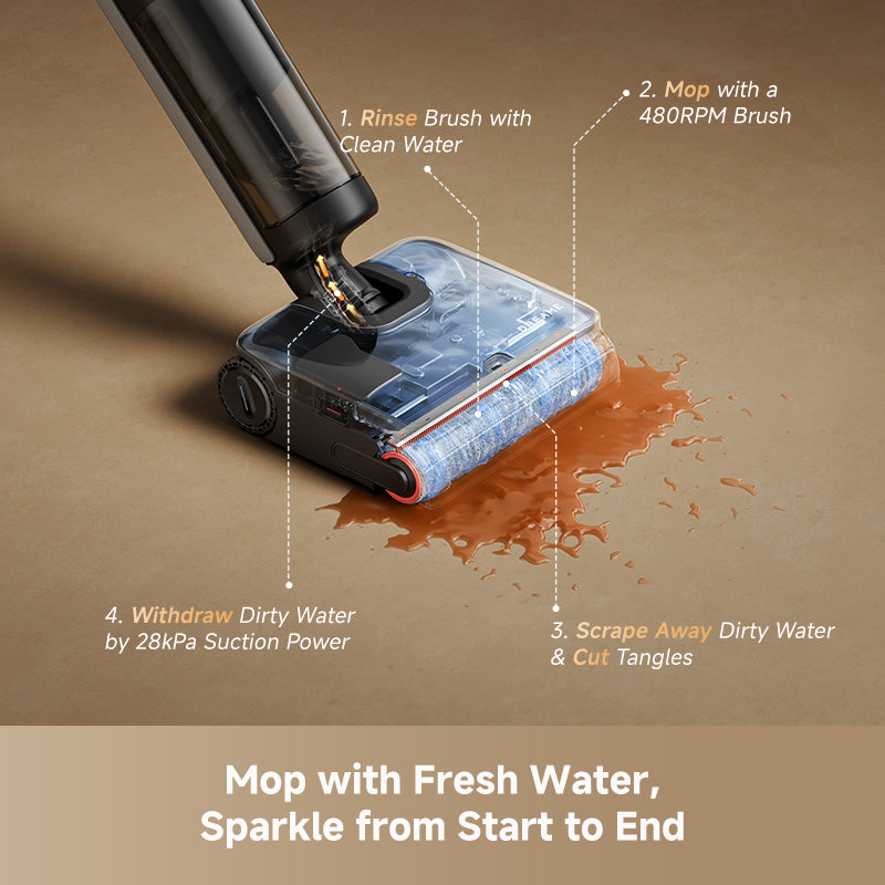 Steam wet dry vacuum mopping head spreading water across the floor