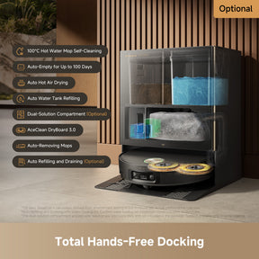 Robot vacuum docking station with transparent water chamber and rotating cleaning accessories