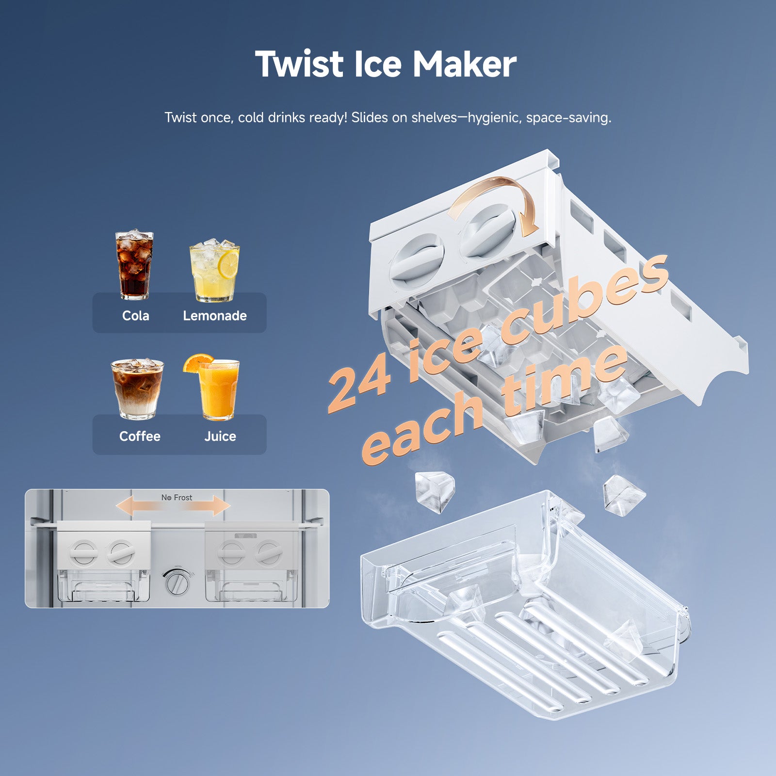Refrigerator twist ice maker tray producing ice cubes