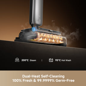 Steam heated brush roller on wet/dry vacuum base with hot-wash nozzle