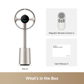 Bladeless fan with black display, plus magnetic remote control
