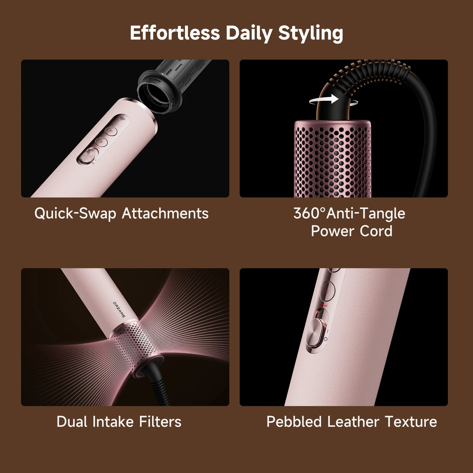 Hair styling styler with quick-swap attachments and perforated barrel head