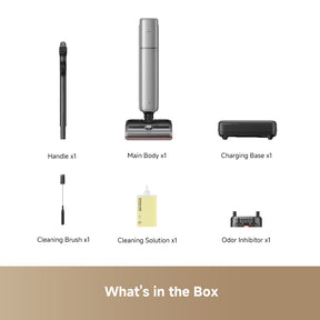 Wet dry vacuum box contents: handle, main unit, charging base, brush, solution, inhibitor