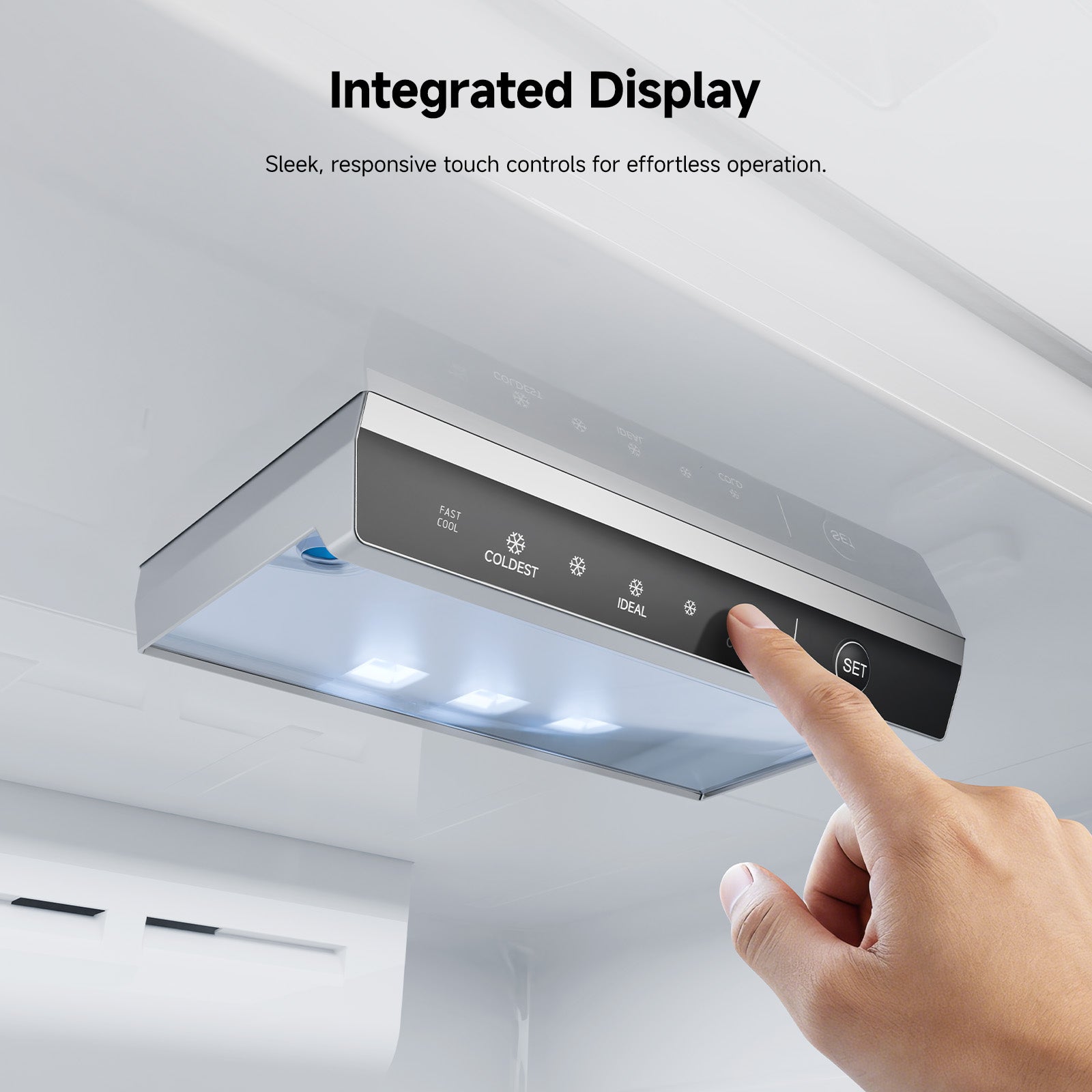 Refrigerator integrated touch display control panel with temperature icons