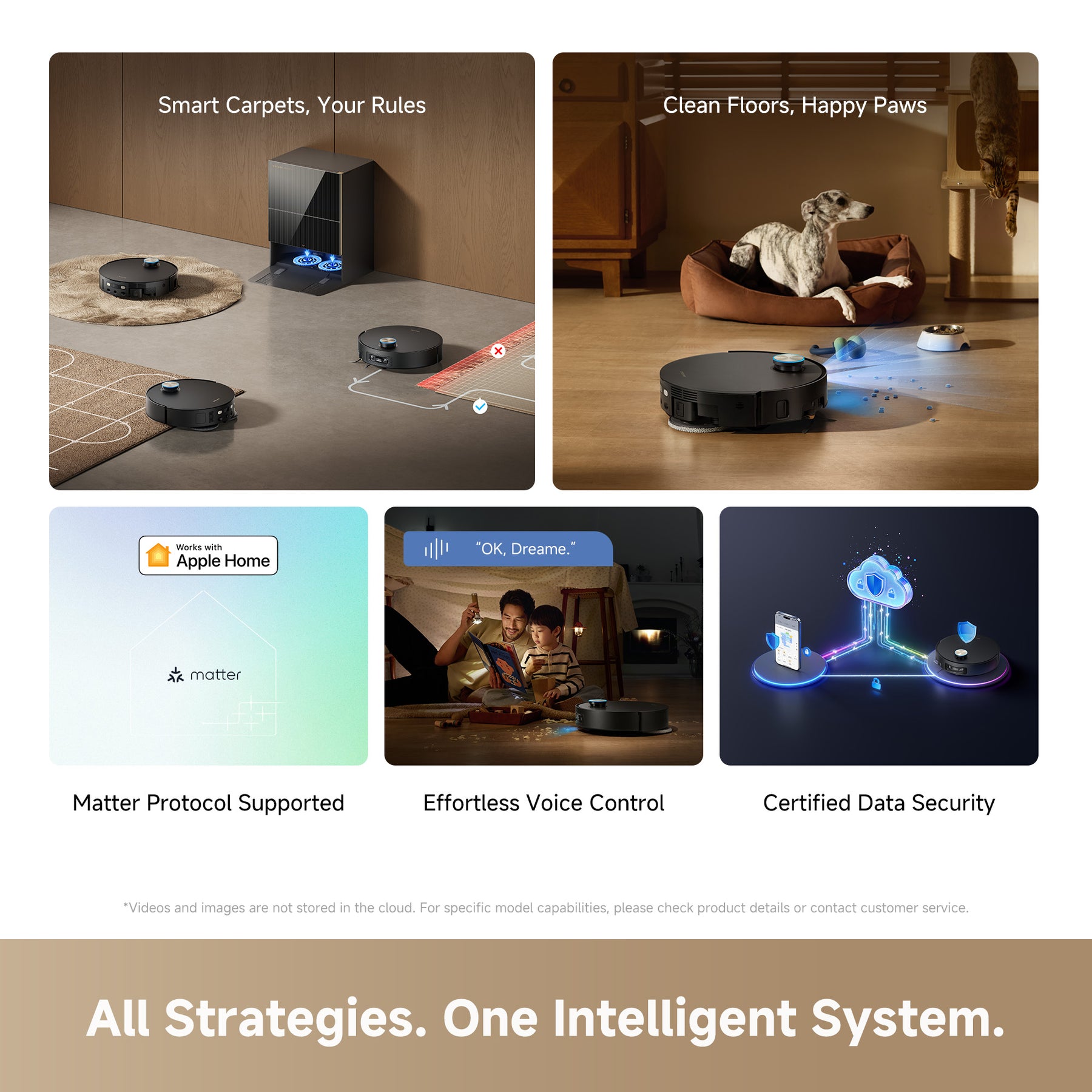 Robot vacuum with smart carpet sensing, voice control, and data security features