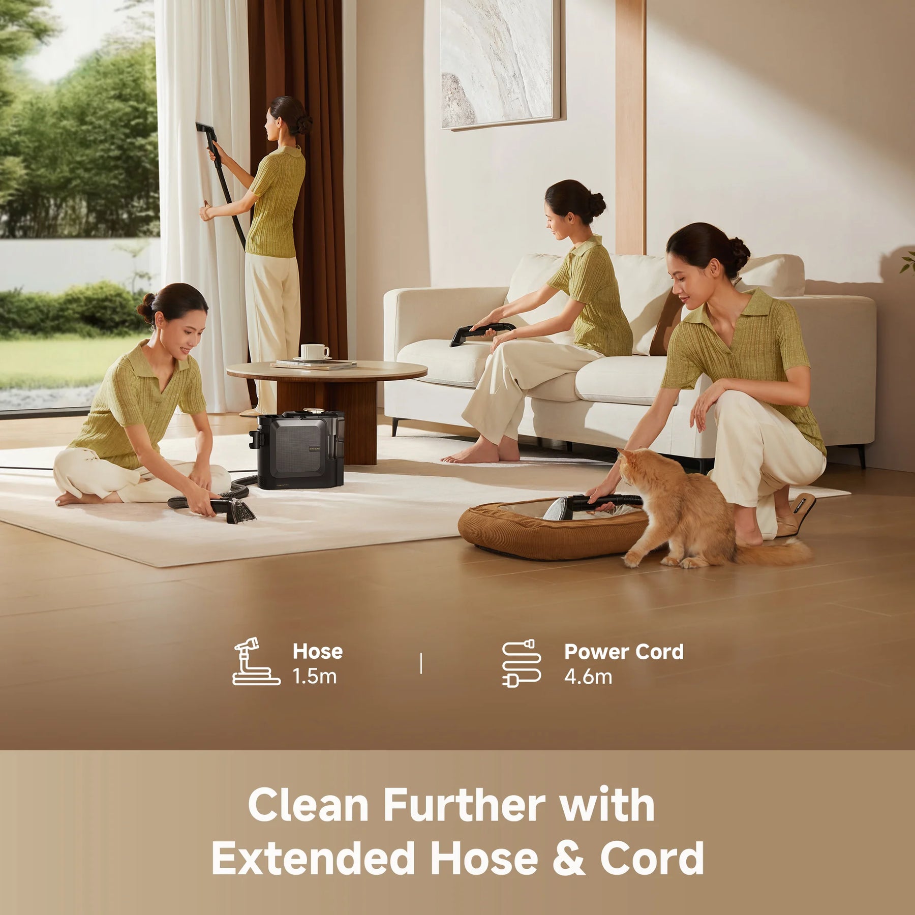 Steam spot cleaner on floor with extended hose and power cord, black