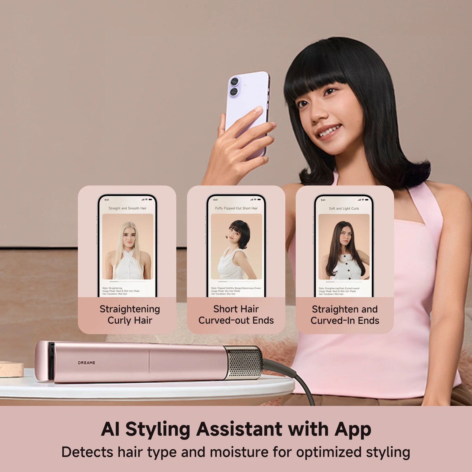 Aero Straight Pro 2‑in‑1 Haarglätter mit App‑Styling-Anleitung auf Displaykarten