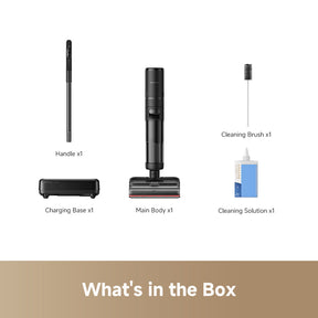 Steam wet dry vacuum kit components: base, main unit, handle, and cleaning solution