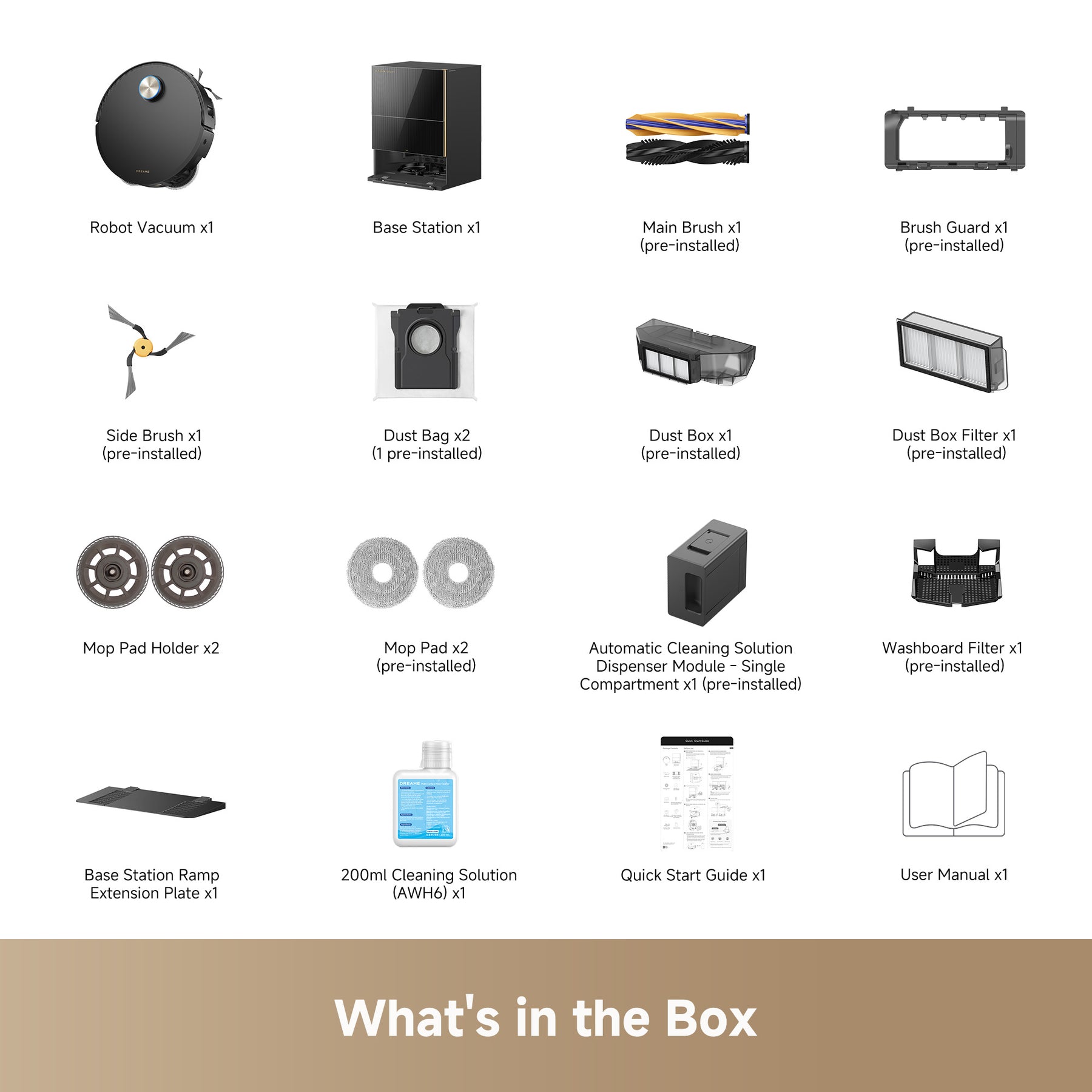 Robot vacuum box contents: base station, brushes, mop holders, filters, and manuals