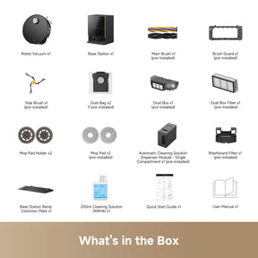 Robot vacuum box contents: base station, brushes, mop holders, filters, and manuals