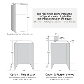 Refrigerator installation dimensions chart with plug options at back or top