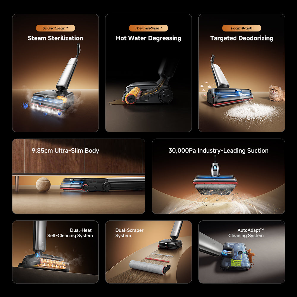 Wet/dry vacuum feature panel: steam sterilization, hot-water degreasing, foam deodorizing