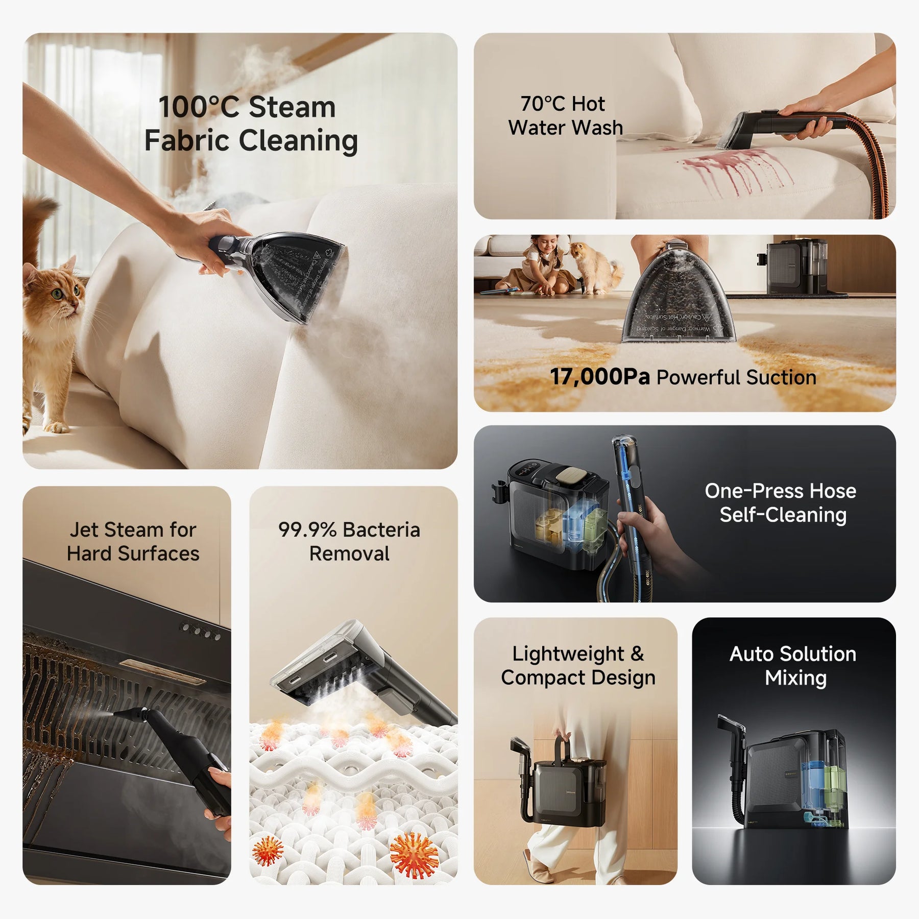 Steam spot cleaner and accessories shown with steam cleaning head and hose