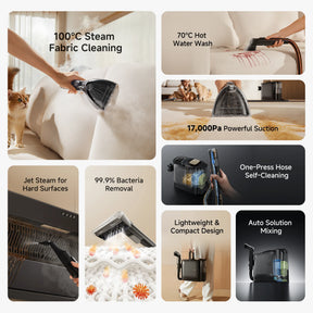 Steam spot cleaner and accessories shown with steam cleaning head and hose