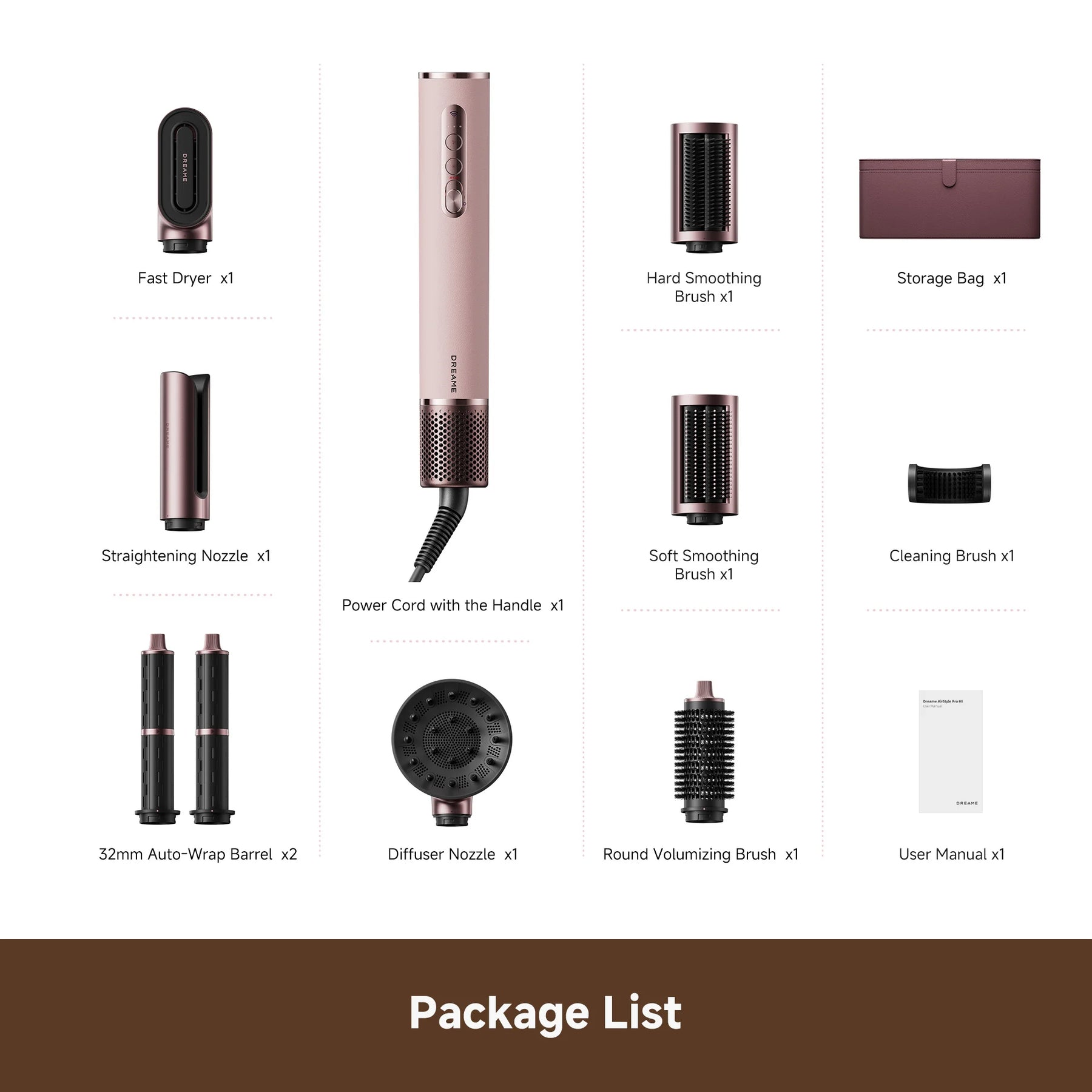 Hair styling tool set parts display: styler, barrel, brushes, diffuser, accessories