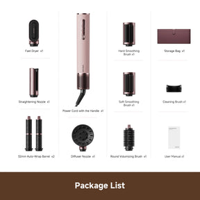 Hair styling tool set parts display: styler, barrel, brushes, diffuser, accessories