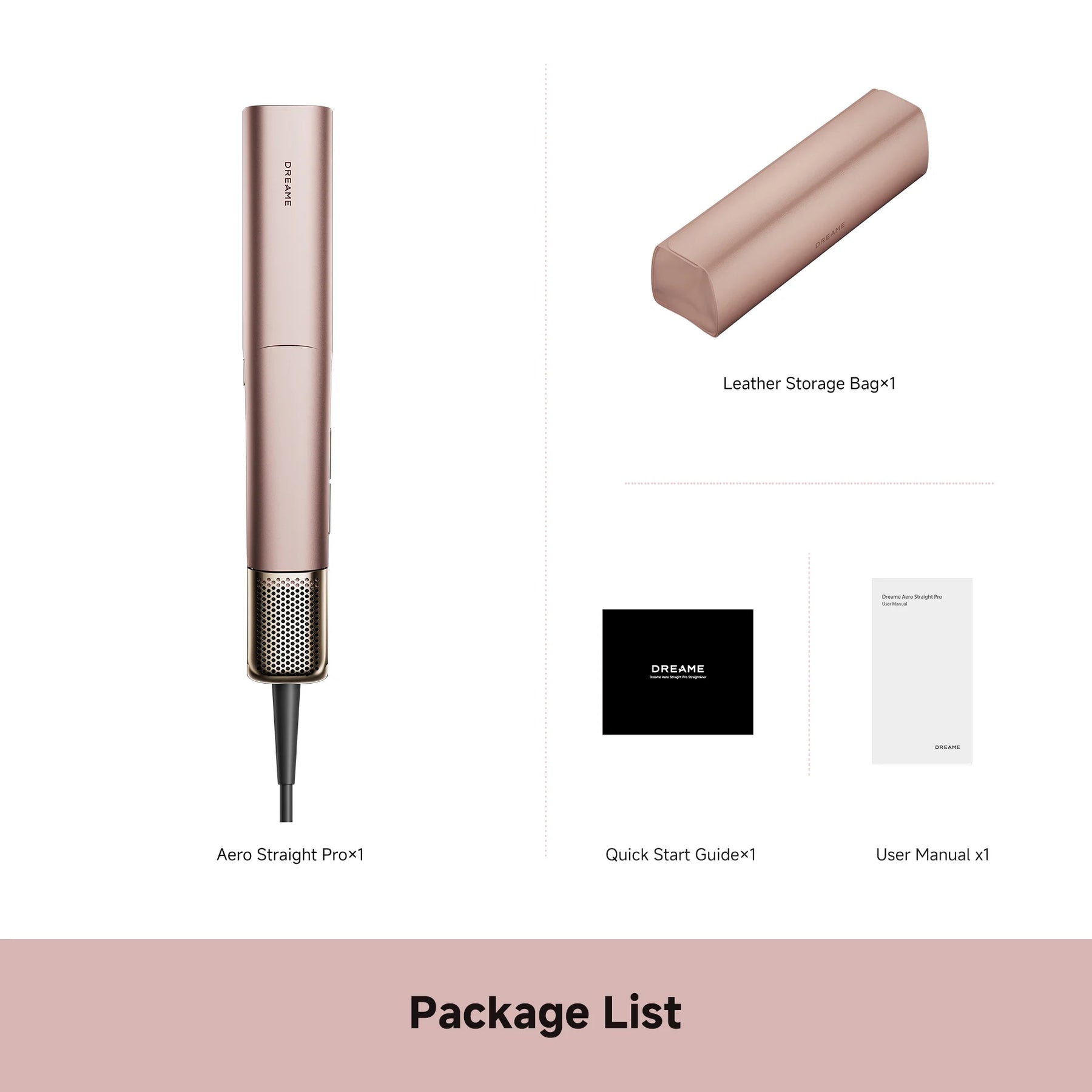 Dreame Aero Straight Pro Haarglätter roségold, Zubehör: Aufbewahrungstasche, Guide, Manual