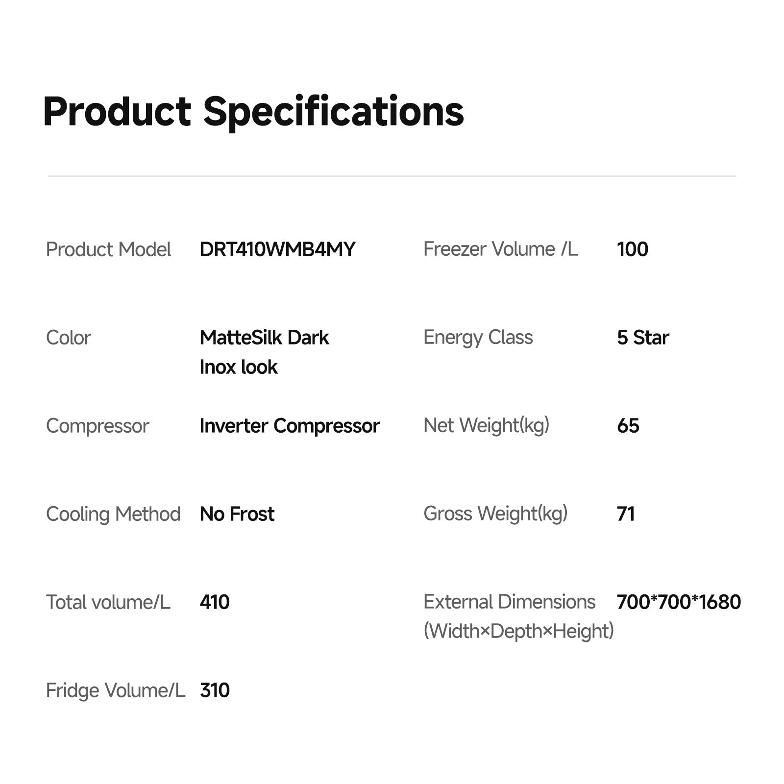 Refrigerator product specifications with model, volumes, energy class, dimensions