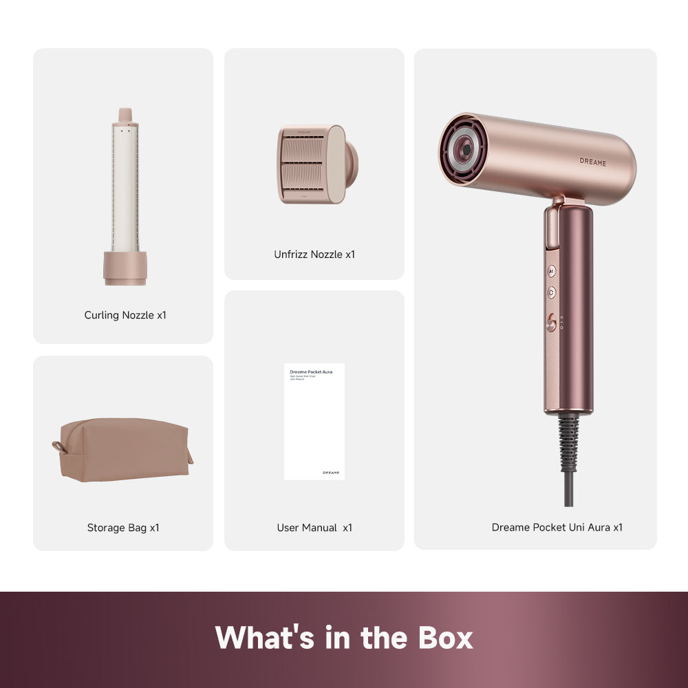Pocket hair dryer kit with curling nozzle, unfrizz nozzle, storage bag, and manual