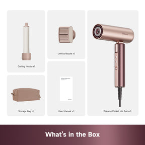 Pocket hair dryer kit with curling nozzle, unfrizz nozzle, storage bag, and manual