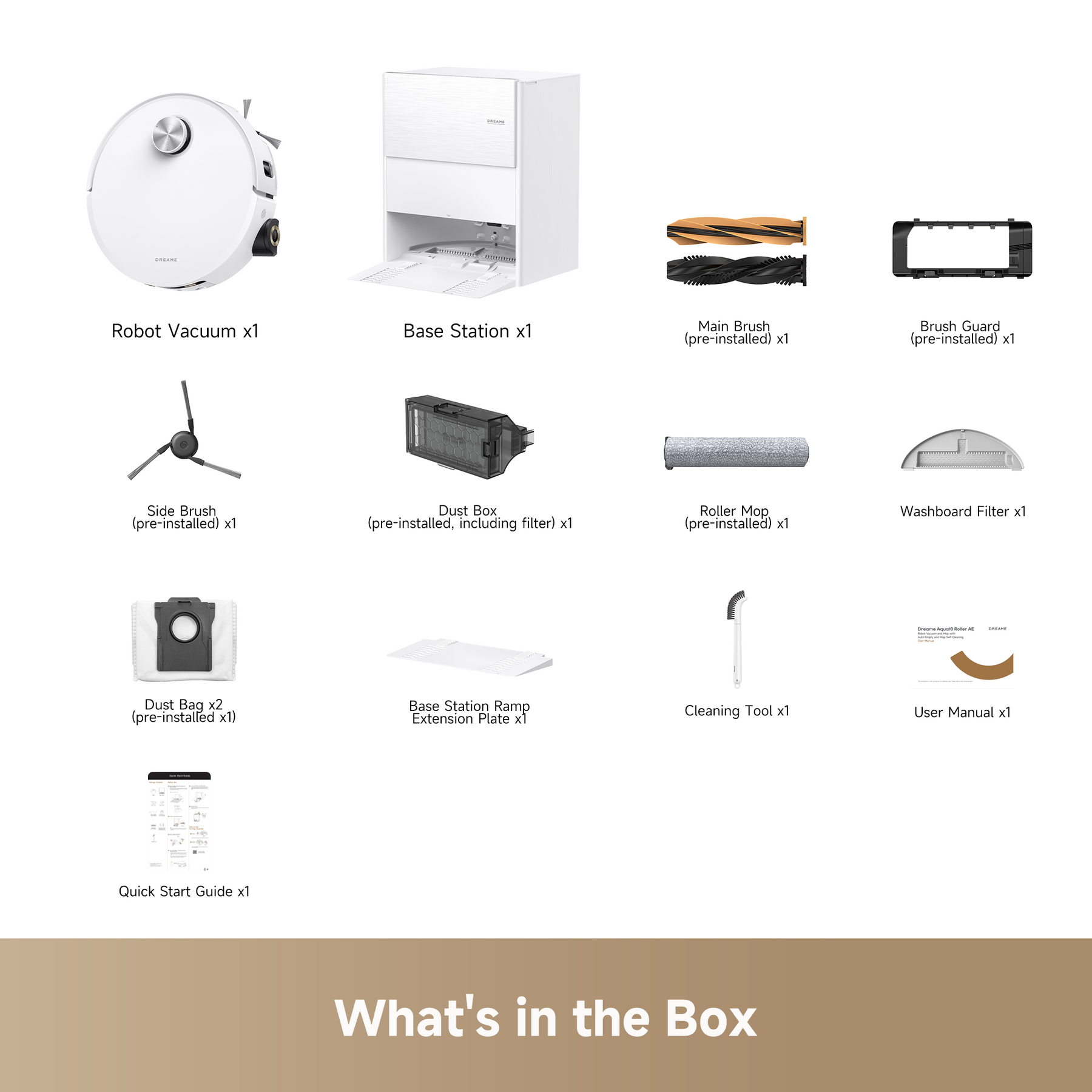 Dreame Aqua 10 Roller AE box contents: robot vacuum, base station, brushes, roller mop