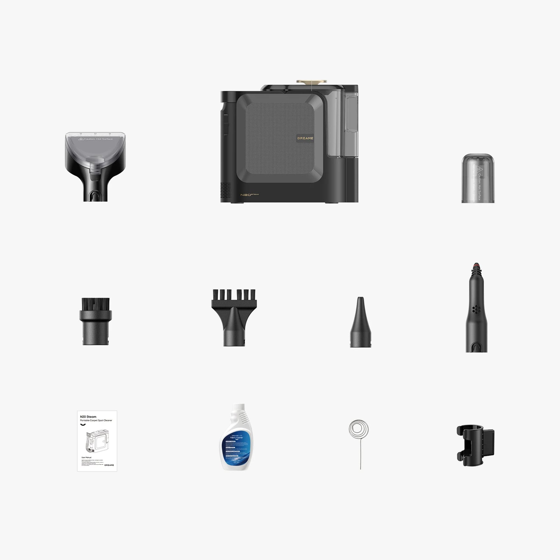 Steam spot cleaner accessories set: nozzles, brushes, main unit, and tool