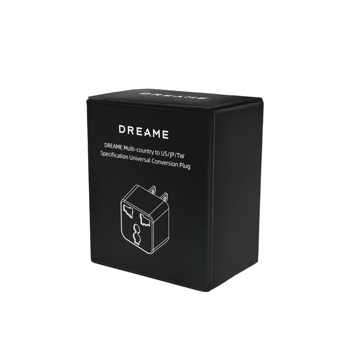 Black travel adapter box showing Dreame branding and universal conversion plug diagram