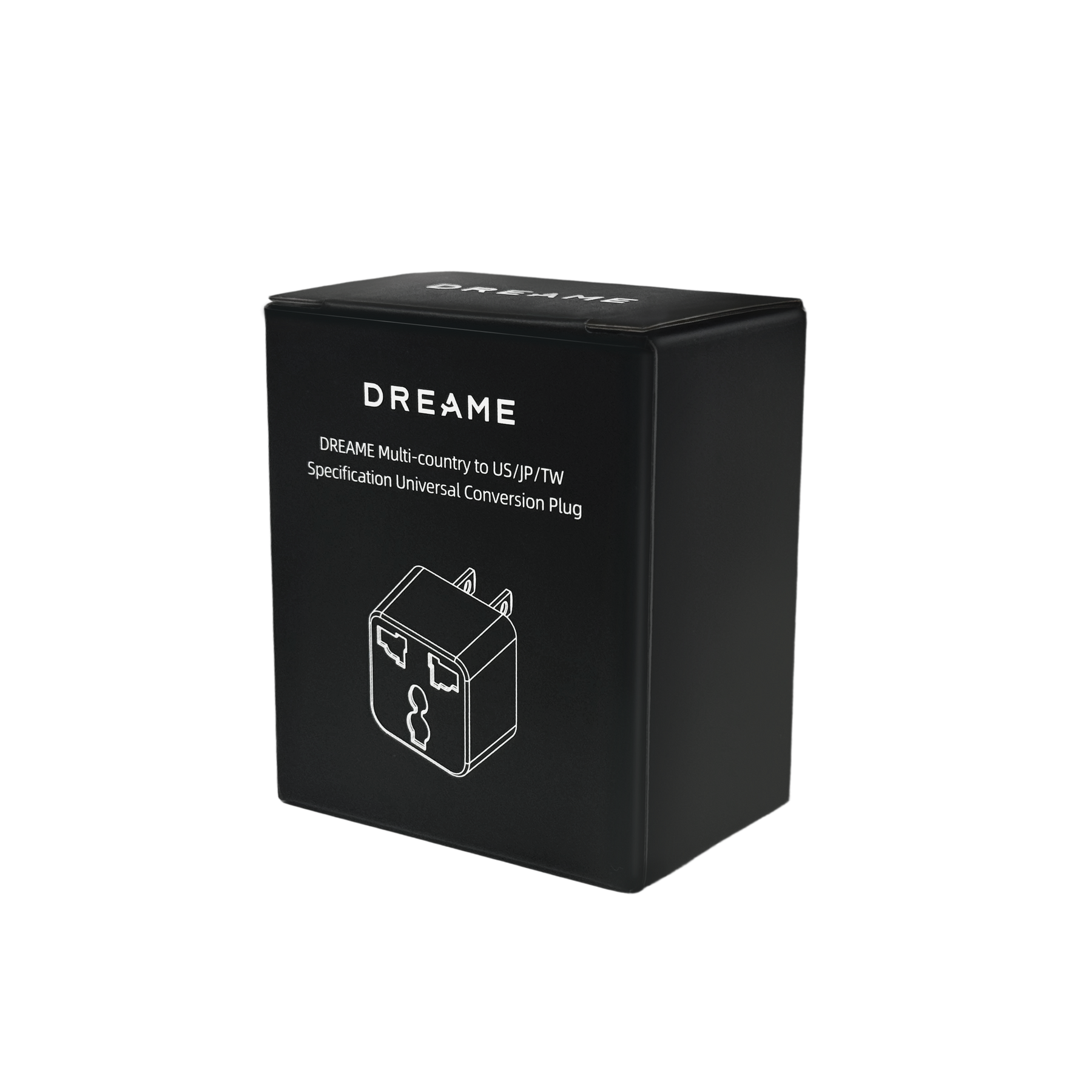 Black travel adapter box showing Dreame branding and universal conversion plug diagram
