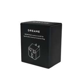 Black travel adapter box showing Dreame branding and universal conversion plug diagram