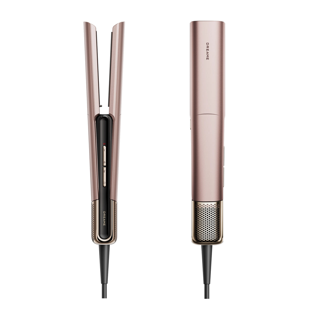 Rose gold 2-in-1 air hair straightener with dual plates and black power cord