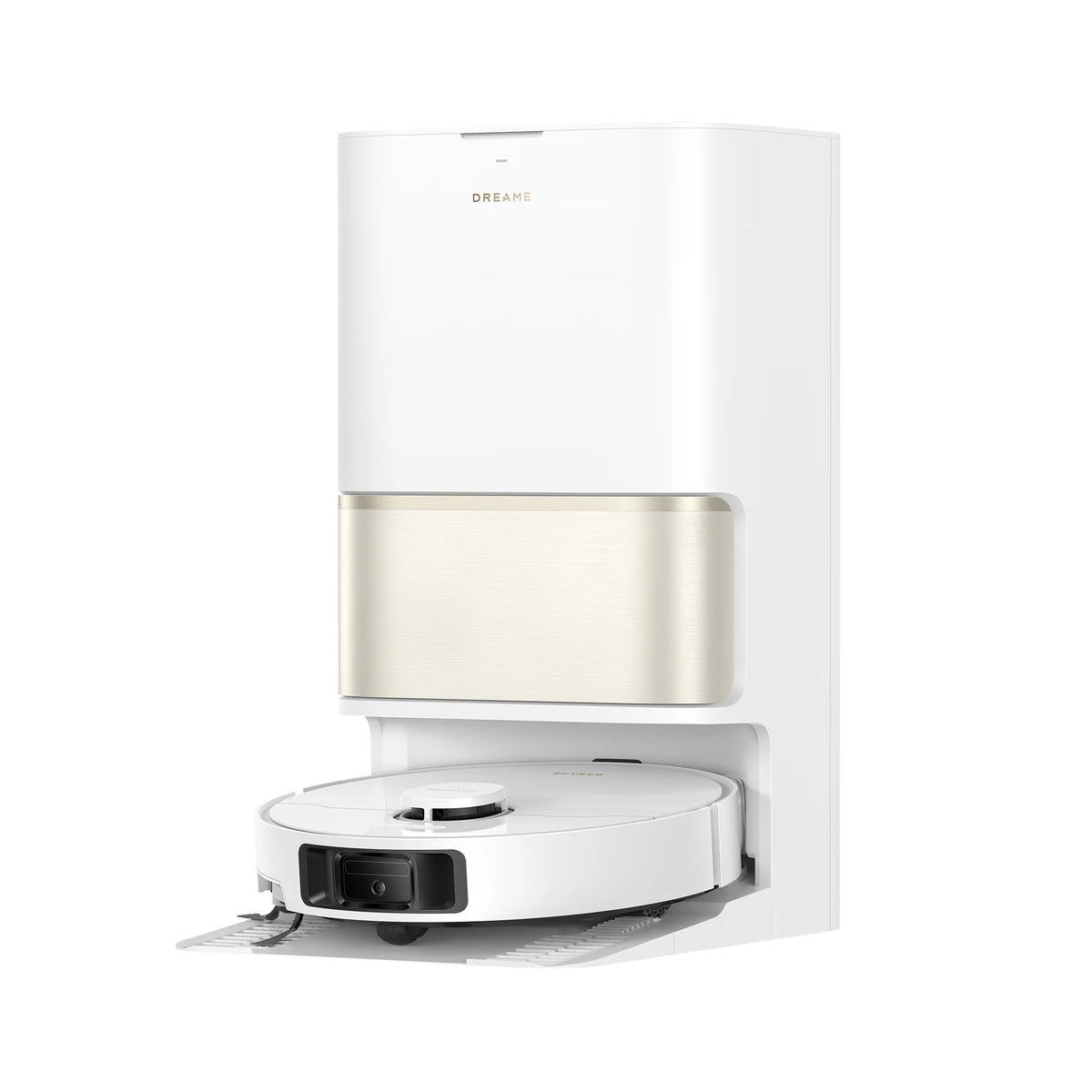 White robot vacuum docked in a charging station, with front nozzle visible