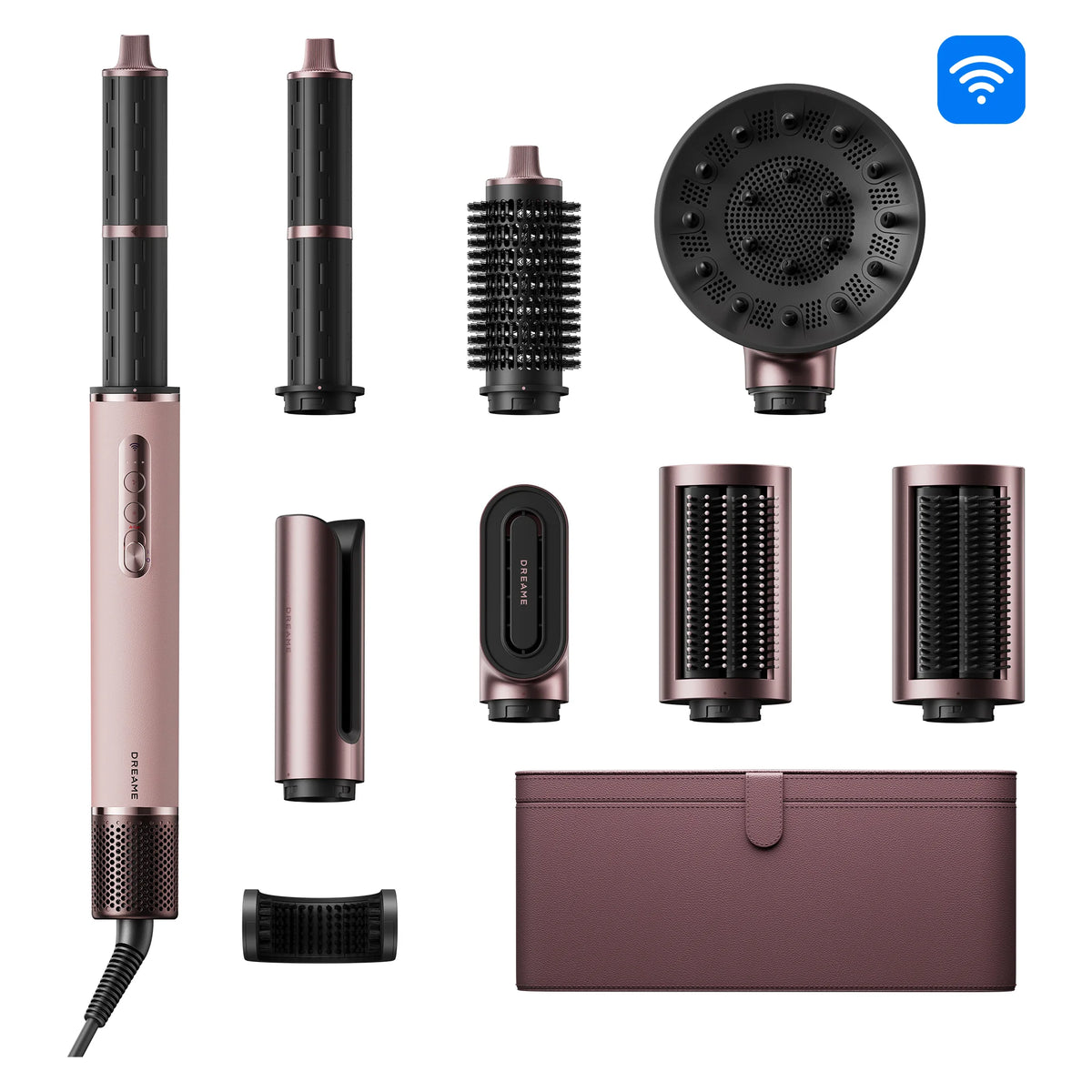 Hair styler with rose-gold barrel and multiple brush/attachment heads, plus power cord