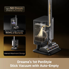 Dreame cordless stick vacuum on docking station with floor brush and base unit