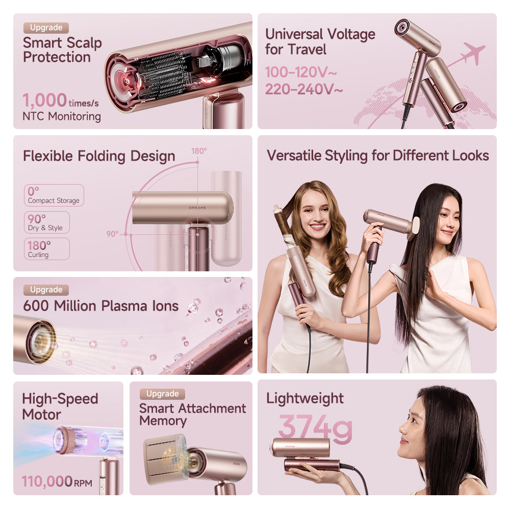 Portable folding hair dryer with interchangeable attachments shown in feature collage