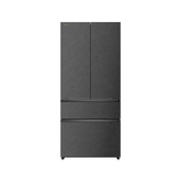 Three-door dark gray refrigerator with top and bottom compartments, front view
