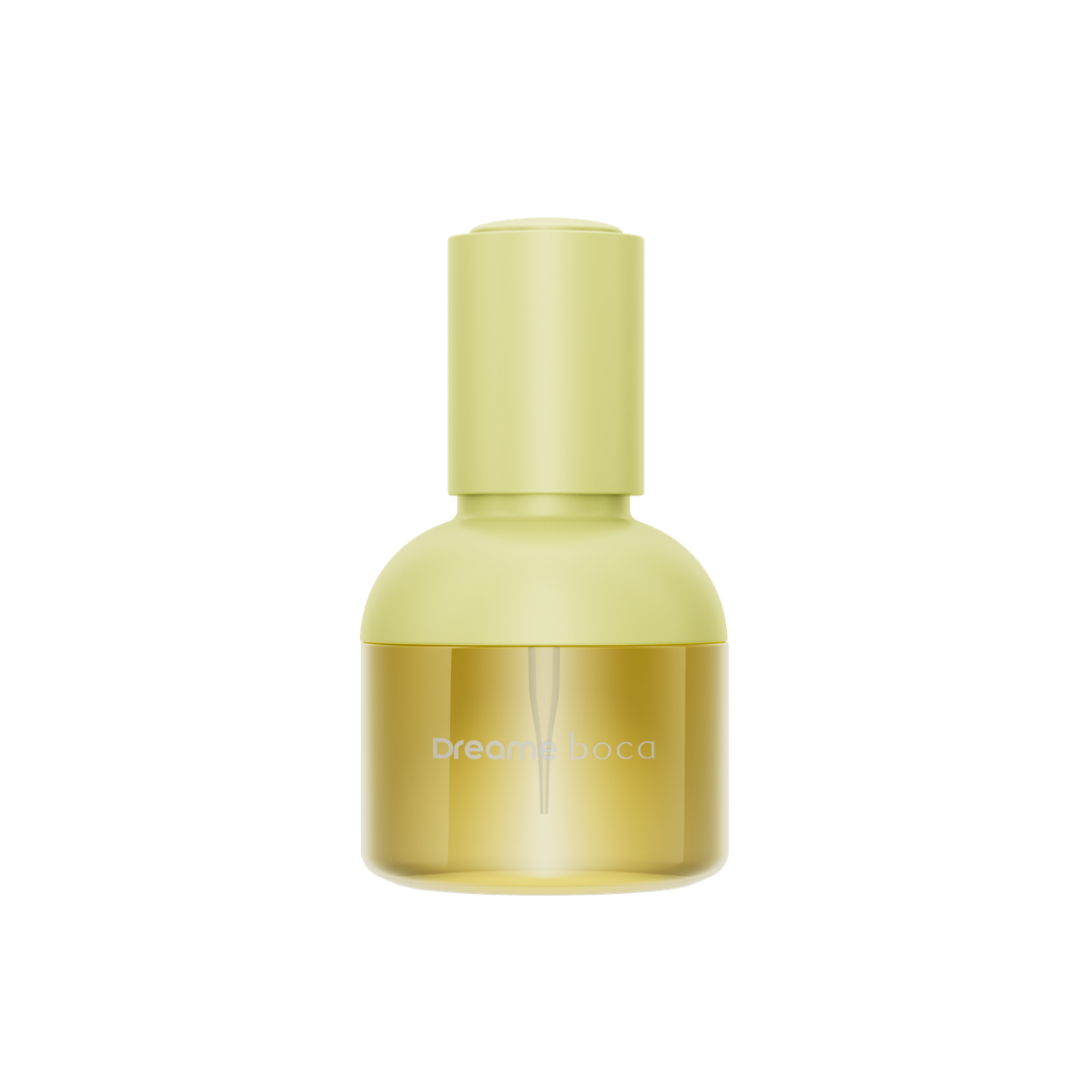 Dreame Boca hair care essence bottle, pale yellow with yellow pump cap
