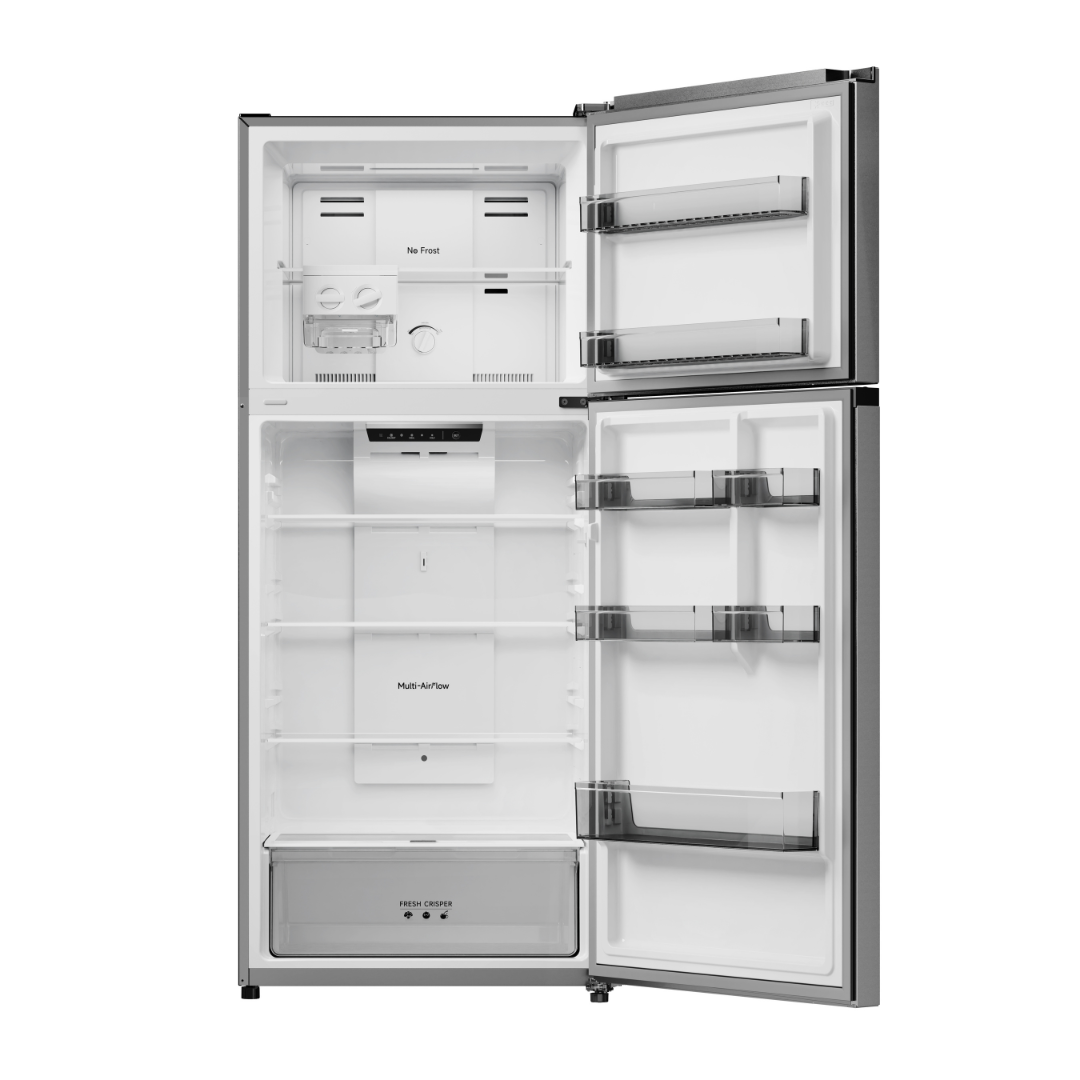Double door refrigerator interior with glass shelves and drawer bins, open