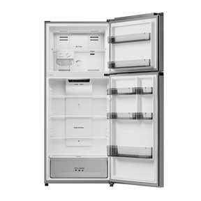 Double door refrigerator interior with glass shelves and drawer bins, open