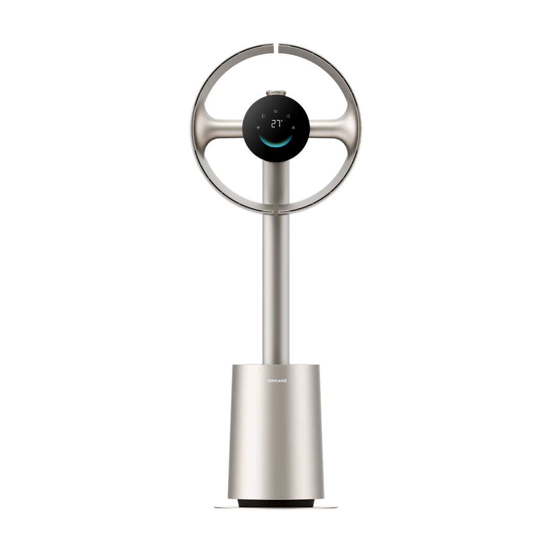 Bladeless fan front view with dark control display and circular ring