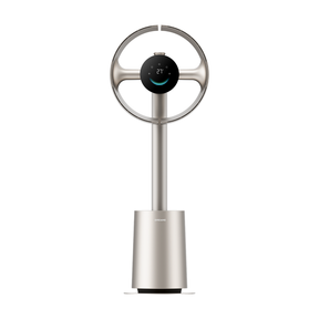 Bladeless fan front view with dark control display and circular ring
