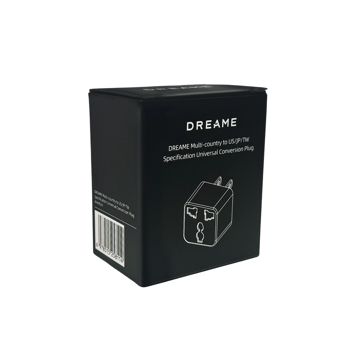 Black travel adapter box side with Dreame logo, plug diagram, and specification text