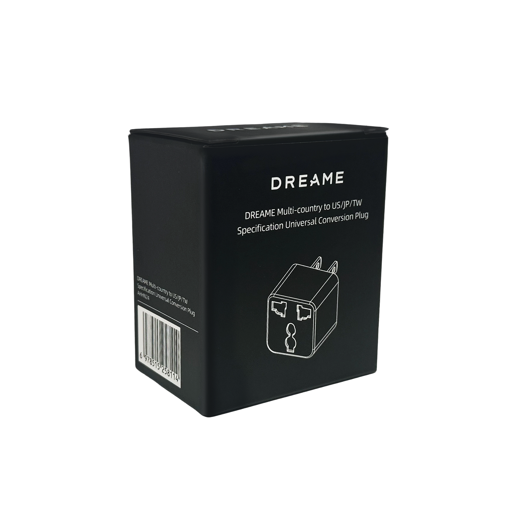 Black travel adapter box side with Dreame logo, plug diagram, and specification text