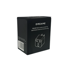 Black travel adapter box side with Dreame logo, plug diagram, and specification text