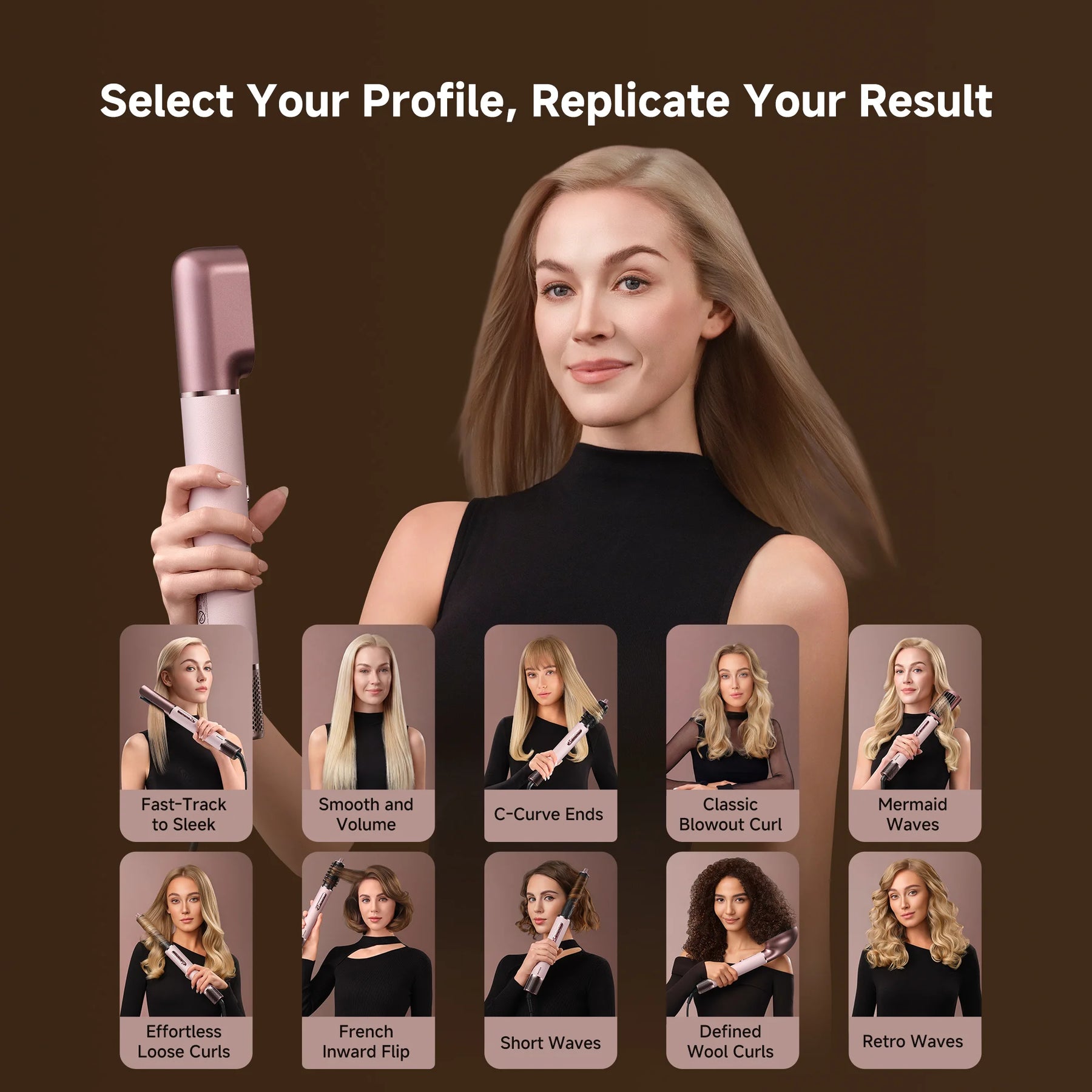 Rose-gold hair styler held upright with styling attachments shown as icons