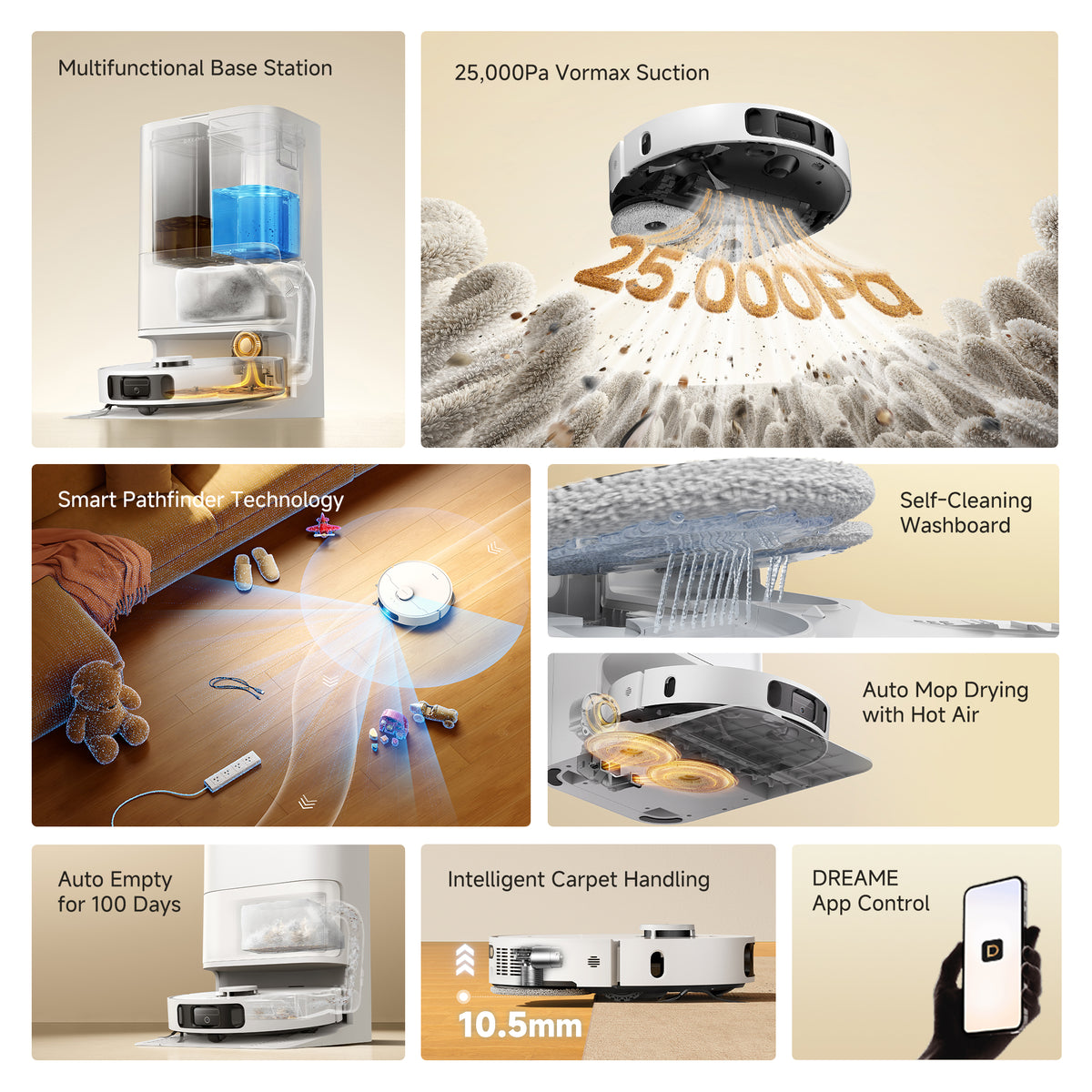 Robot vacuum multifunction base station with clear bin and blue water tank